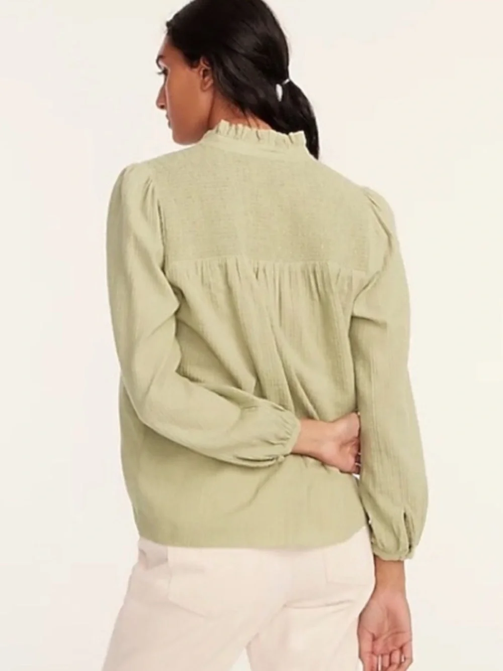 J. Crew Long-Sleeve Soft Gauze Garden Top in Faded Pistachio Green 100% Cotton